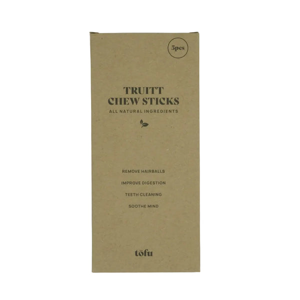 A tall, narrow kraft paper box for Tofu Trutt Chew Sticks, featuring black text on a light brown background, set against a plain white backdrop.