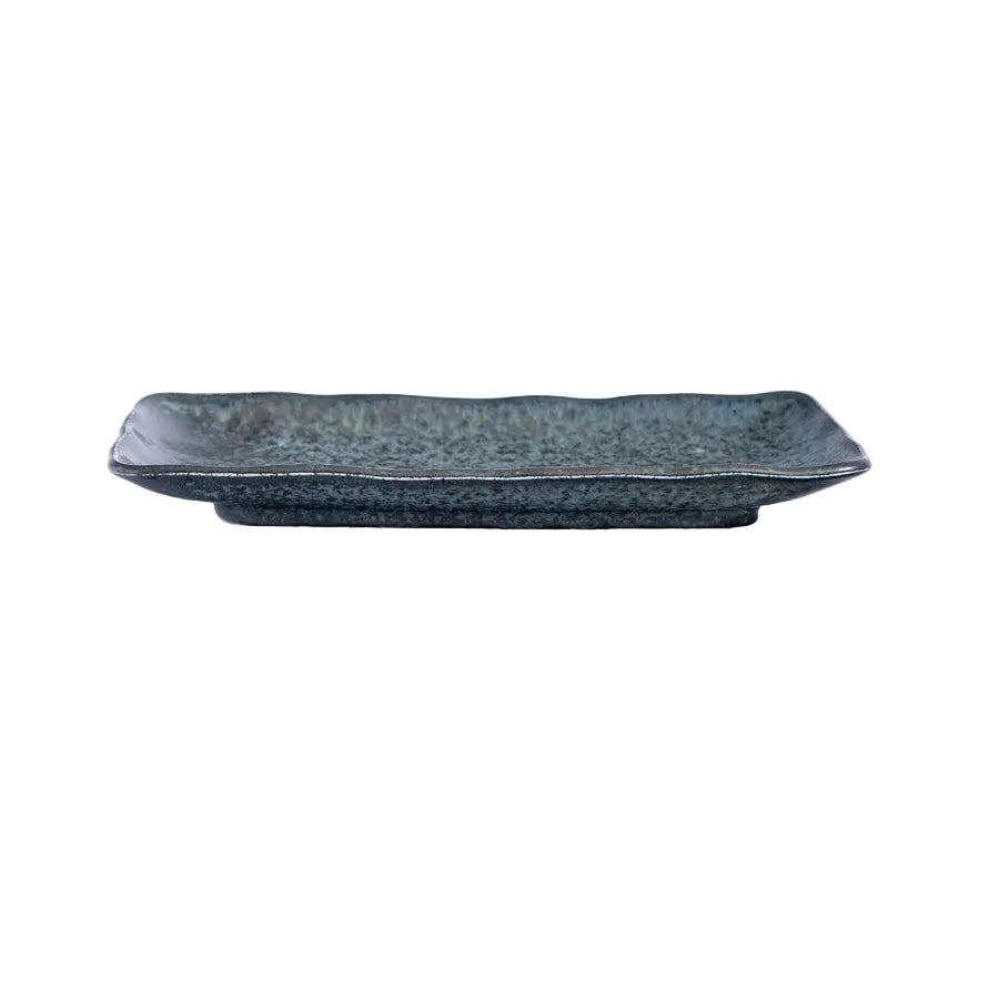 rectangular platter with black, speckled glaze