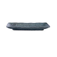 rectangular platter with black, speckled glaze