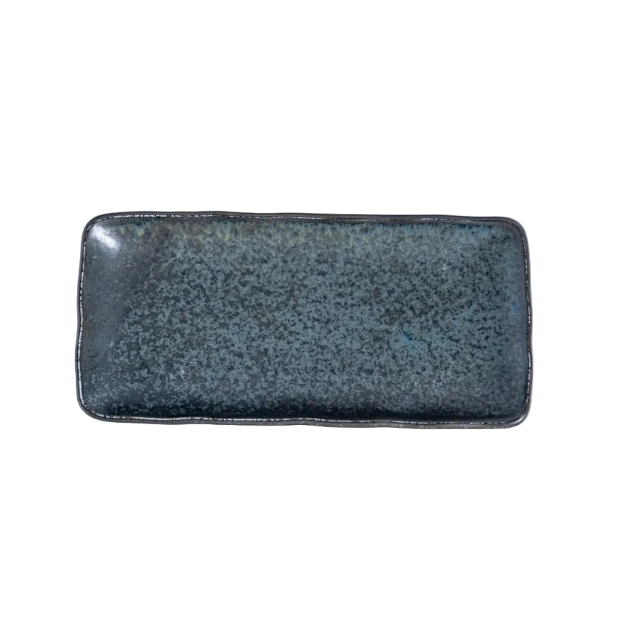 rectangular platter with black, speckled glaze