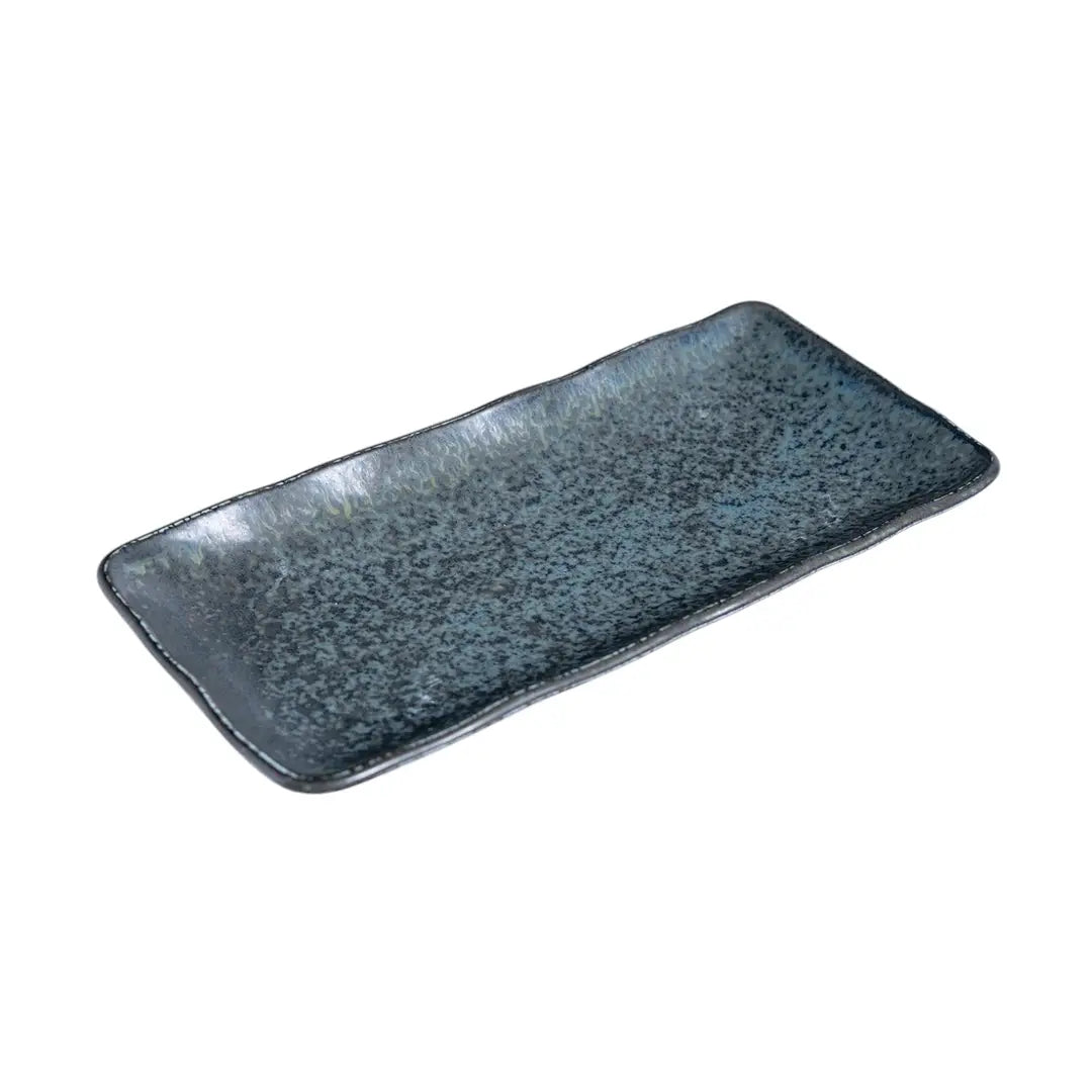 rectangular platter with black, speckled glaze