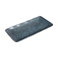 rectangular platter with black, speckled glaze