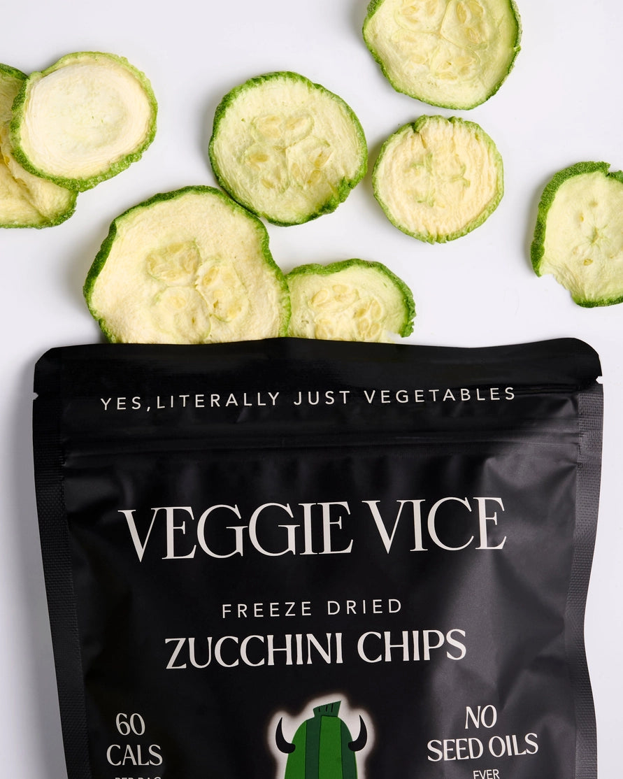 Bag of Veggie Vice freeze-dried zucchini chips on a white background
