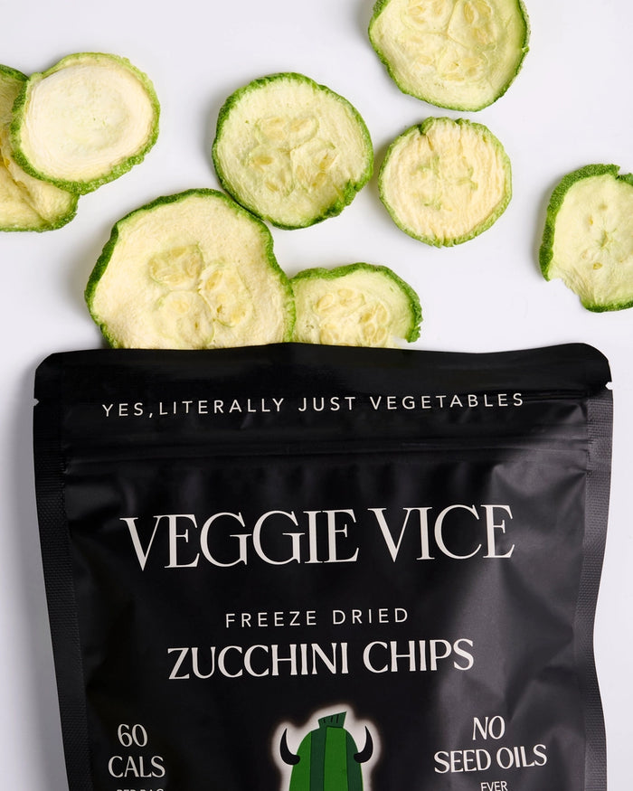 Bag of Veggie Vice freeze-dried zucchini chips on a white background