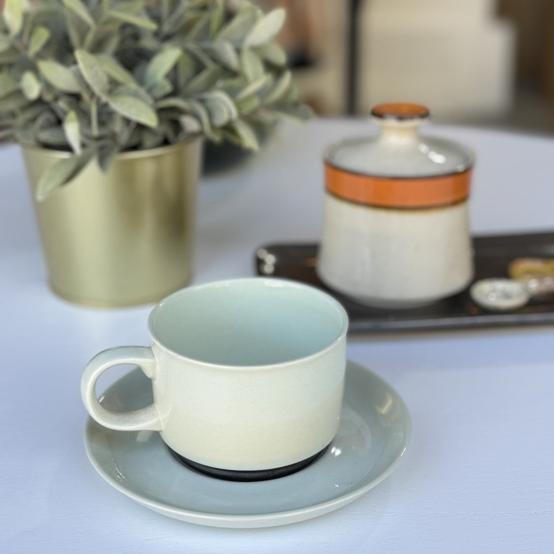 Ceramic cup and saucer on a table with a plant and container in the background