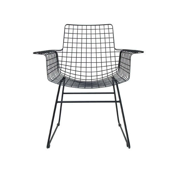 modern black metal armrest chair with wide seating area on white background