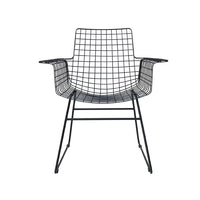 modern black metal armrest chair with wide seating area on white background