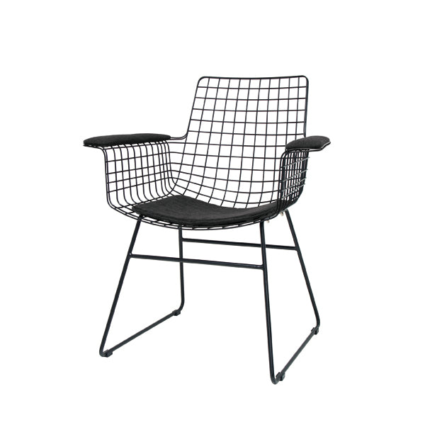 black metal wire chair with seating cushion in charcoal on white background