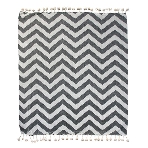 detail woven throw with pompons and grey and black and white design