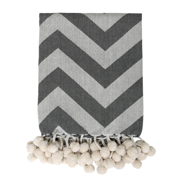 woven throw with pompons and grey and black and white design