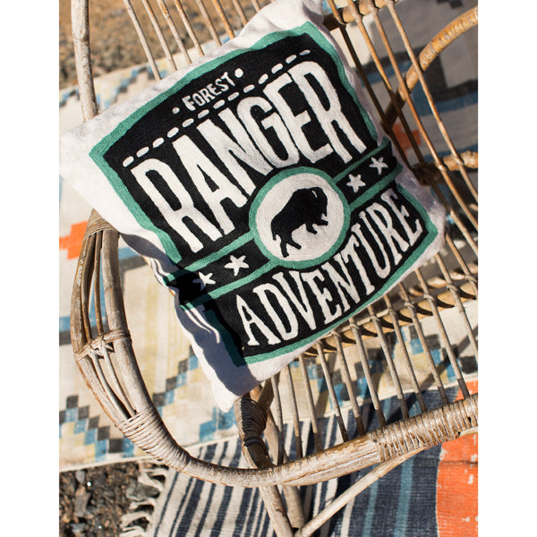 Forest ranger hand embroidered cushion white black and green