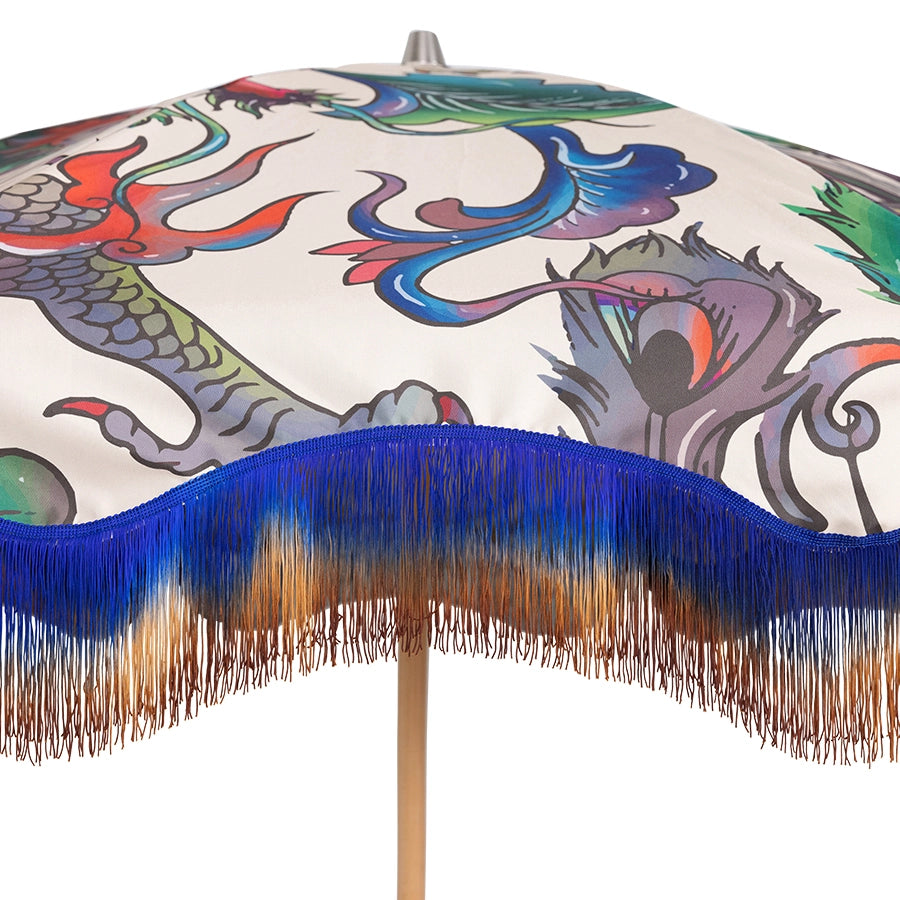 retro style beach parasol dragons and ombre fringes