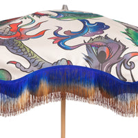retro style beach parasol dragons and ombre fringes