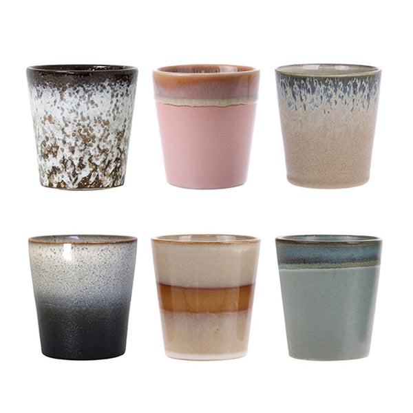 brown pink taupe black cream and green stoneware mugs