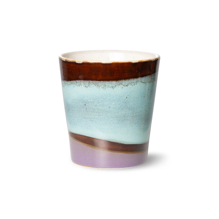 retro style small stoneware coffee mug in brown, aqua and lavender colors