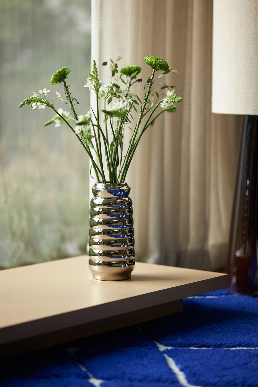 HKliving USA ACE7194 Ceramic ribble flower vase shiny chrome