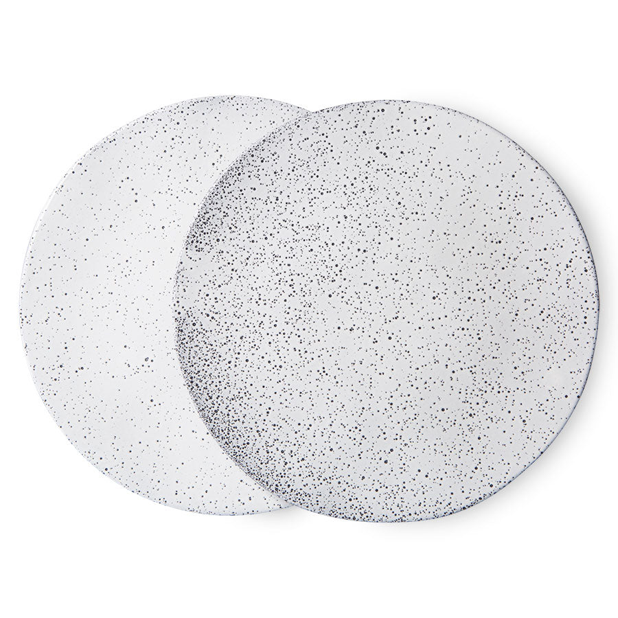 set of two large dinner plates with speckled finish