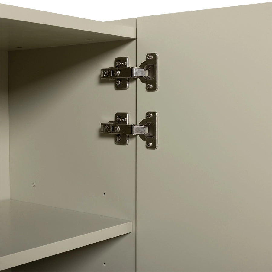 detail of hinges of a beige credenza