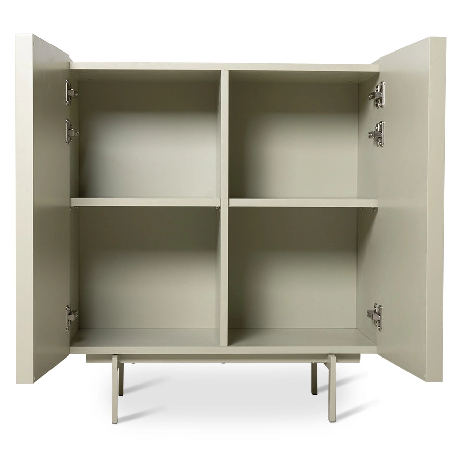 inside of a 4 compartment credenza in a beige color