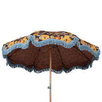 retro style parasol with flower fabric and blue fringes