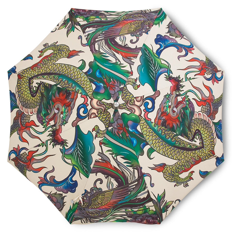 retro style beach parasol dragons and ombre fringes