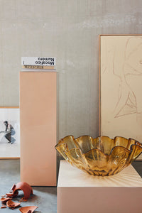  square clay color mirror block table with amber glass bowl and abstract painting