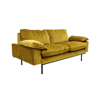 retro style 2 seater small sofa with ochre yellow velvet fabric and detachable cushions