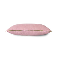 pink linen lumbar shaped pillow with green cotton trim