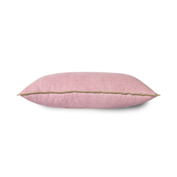pink linen lumbar shaped pillow with green cotton trim