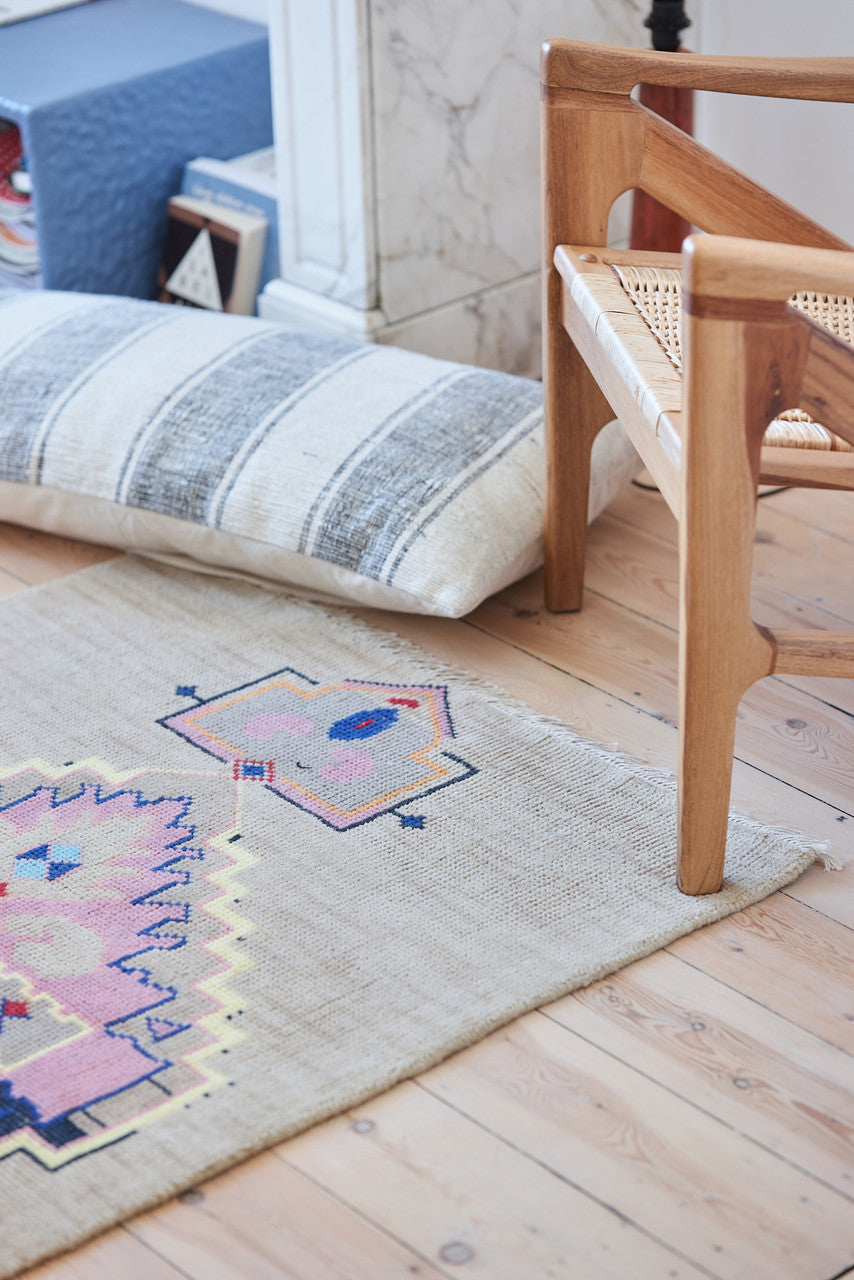 natural cotton super large pillow with wide stripes on floor with runner with pastel colors