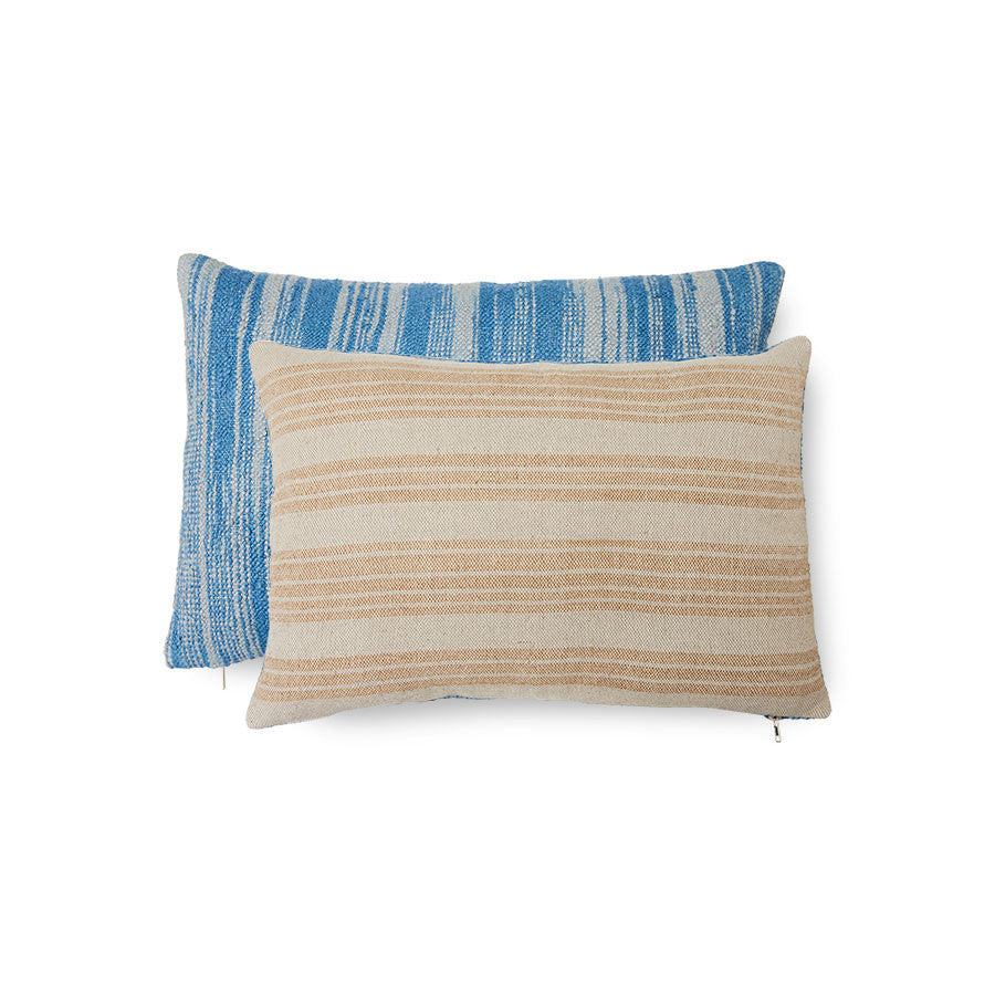 cotton and linen woven double sided pillow in blue and brown hues