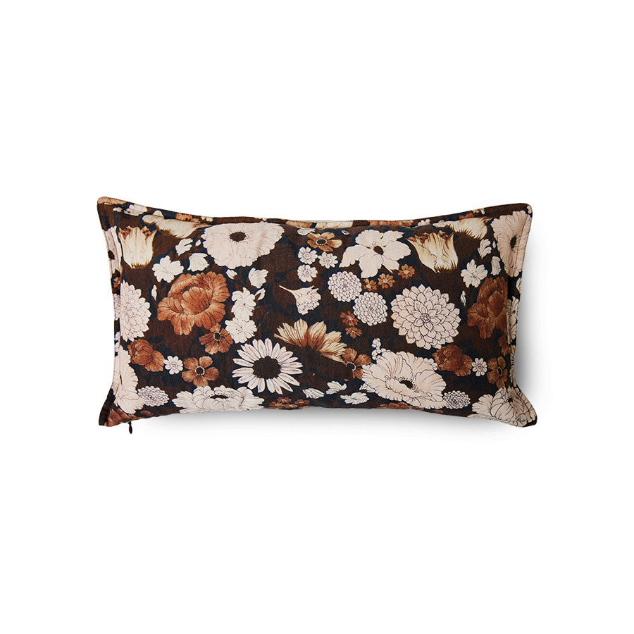 brown vintage inspired lumbar pillow with flower print 