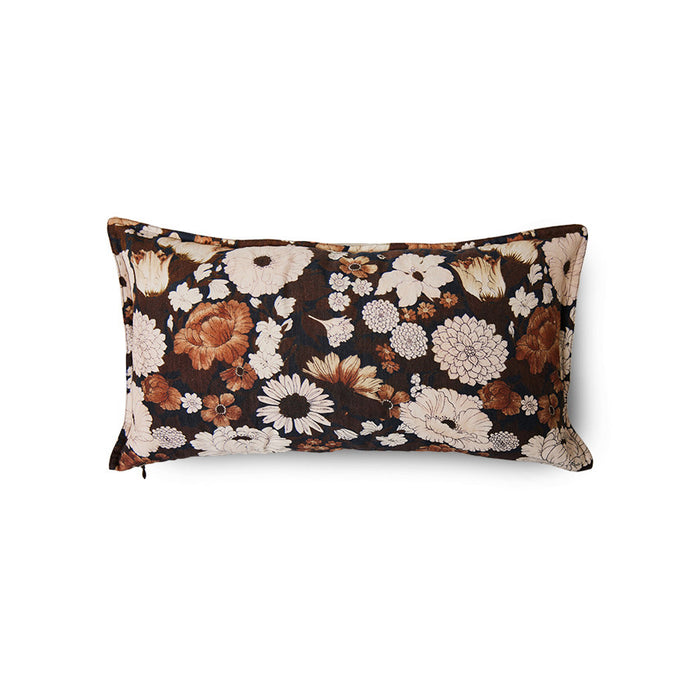 brown vintage inspired lumbar pillow with flower print 