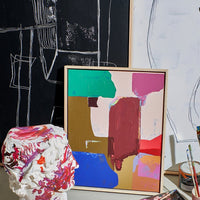 abstract paintings and sculpture in studio