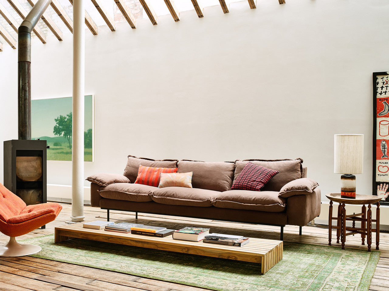 HKliving USA MZM5092 Brown Retro Sofa 4 seater linen and cotton