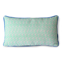 green floral pattern and blue trim pillow