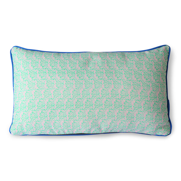 green floral pattern and blue trim pillow