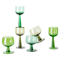 6 wineglasses in different colors green tall and low stems