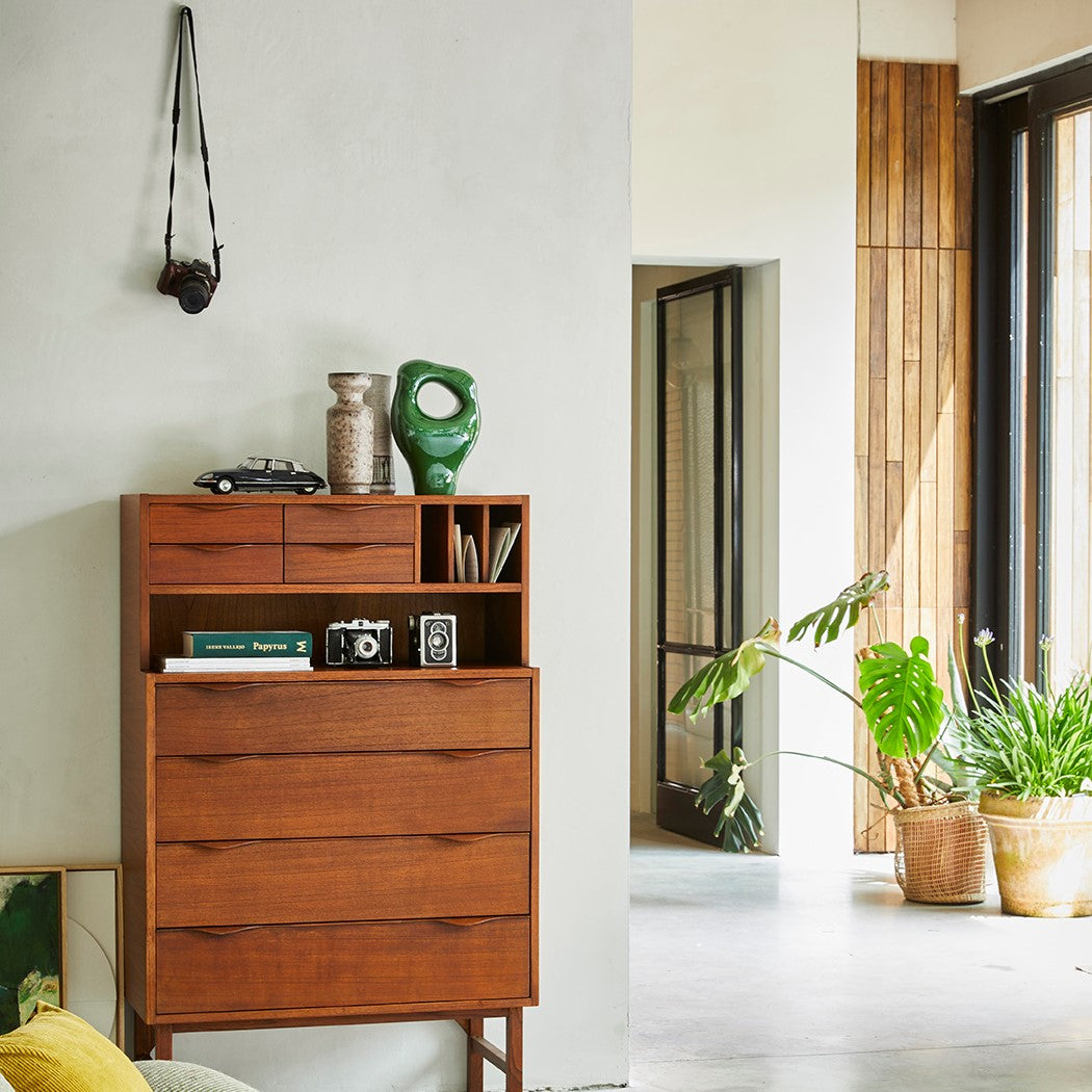 brown colored open cabinet with photo camera's 