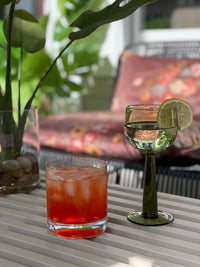 tall green wine glass with lemon next to a small cocktail glass