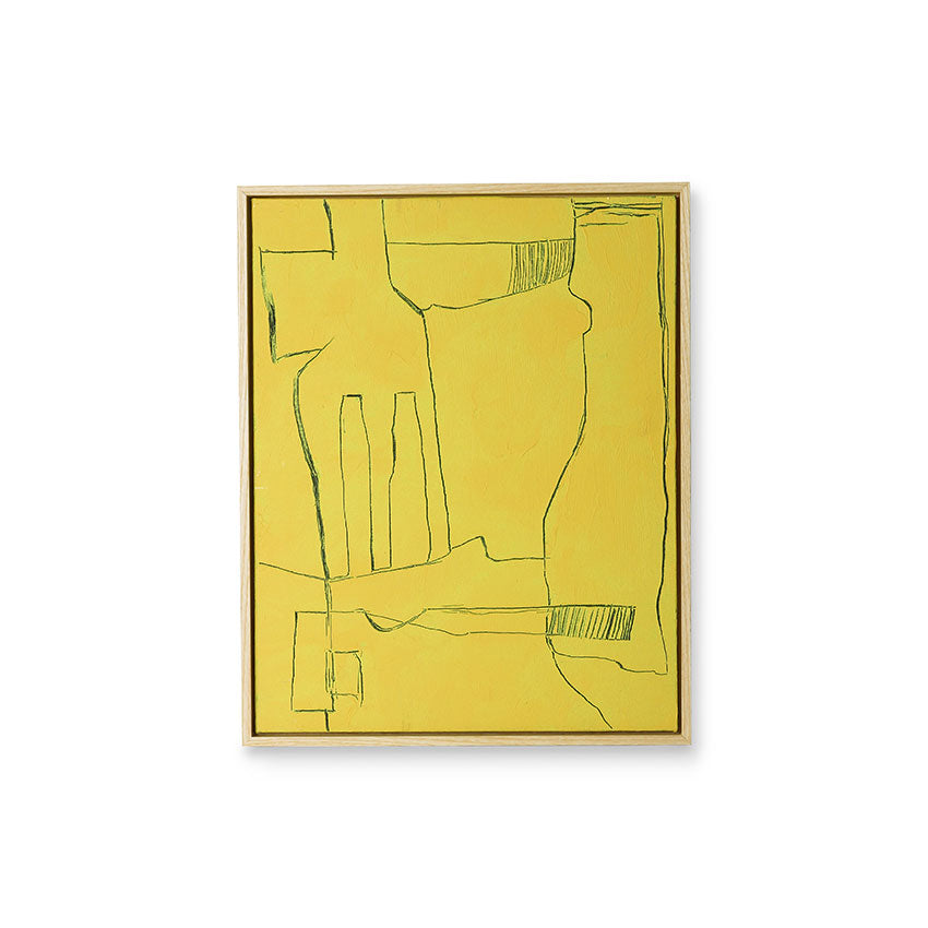 yellow brutalism painting in ash wooden block frame