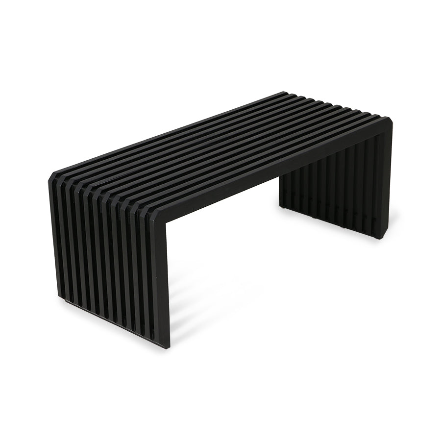 mid century modern black wooden slatted bench