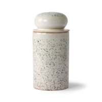 stoneware jar with lid with green and blue hail pattern