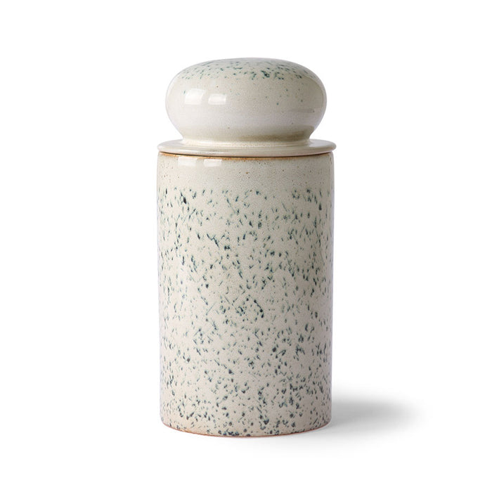 stoneware jar with lid with green and blue hail pattern