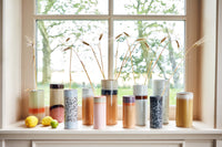 retro style flower vases in a row in a window