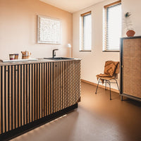 kitchen with grey sliding door cabinet