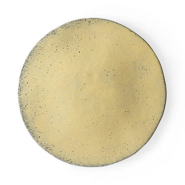yellow dinner plate with speckled finish