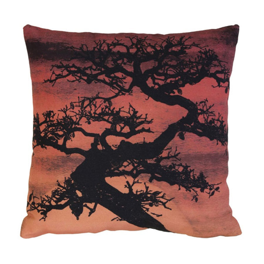 throw pillow with bonsai tree and sunset